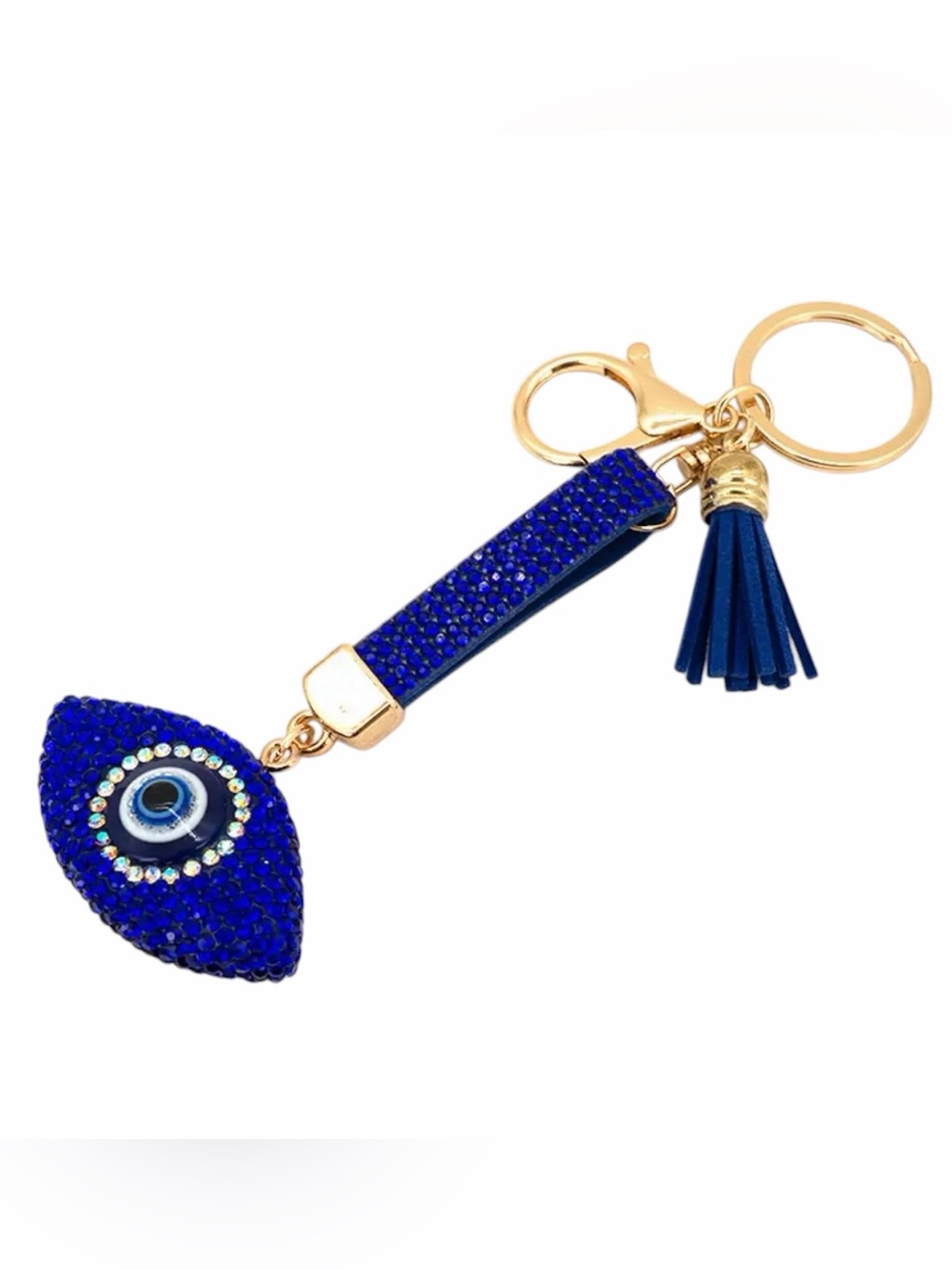 Blue Evil Eye Allover Rhinestone Faux Leather Tassel 6" Gold Bag Charm Keychain